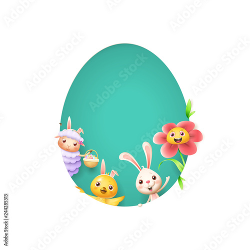 Easter friends sheep bunny chicken and flower peeking behind egg shape hole on turqouise background