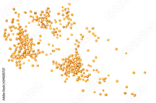 Fototapeta Yellow mustard seeds isolated on white background, top view.