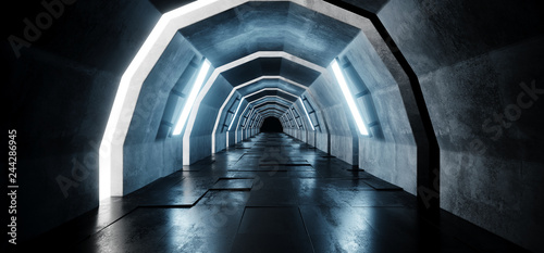 Sci Fi Oval Arc Shaped Alien Empty Long Grunge Concrete Tiled Reflective Floor Corridor Tunnel Hall With Blue Lights Futuristic Dark 3D Rendering