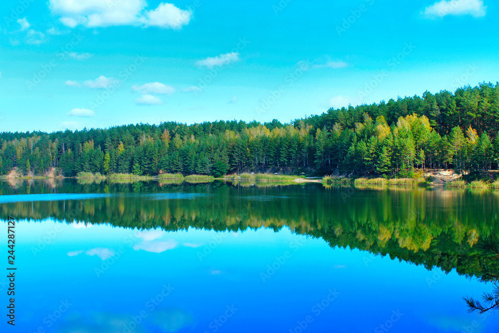 Forest lake with emerald water. Beautiful lake panorama