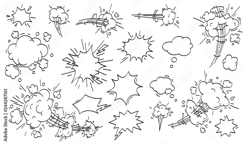 Speed cloud comic. Cartoon fast motion clouds vector set