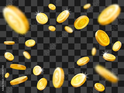 Shiny gold coins explosion. Falling money. Vector illustration concept