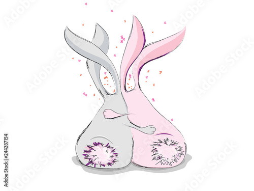 Cute Bunnies vector illustration. Cartoon Bunny character with Heart. Rabbits couple in love.