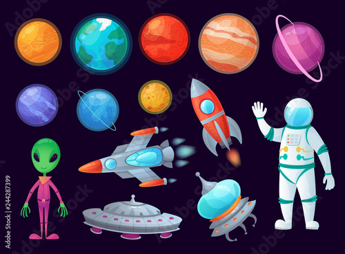 Space items. Alien ufo, universe planet and missile rockets. Planets game design cartoon graphics vector item set