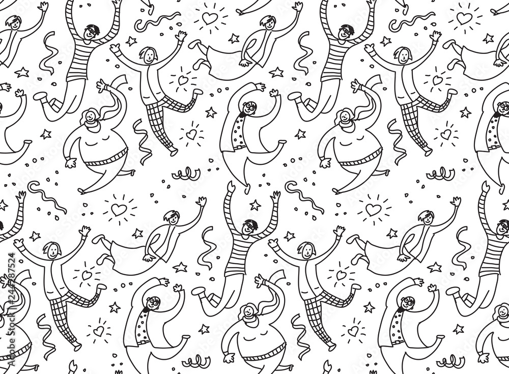 Happy jumping young people black and white seamless pattern