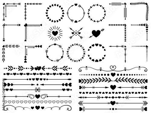 Love ornaments. Wedding hearts ornamental, decorative heart border and inlove frame design ornament vector elements set