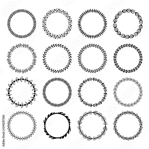 Circle leaf frames. Floral leaves round frame, flower ornament circles and flowers circled border isolated vector set