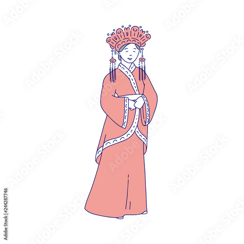 Chinese young women in traditional kimono. Vector line art girl in red national costume and in rich headdress symbol of China culture.