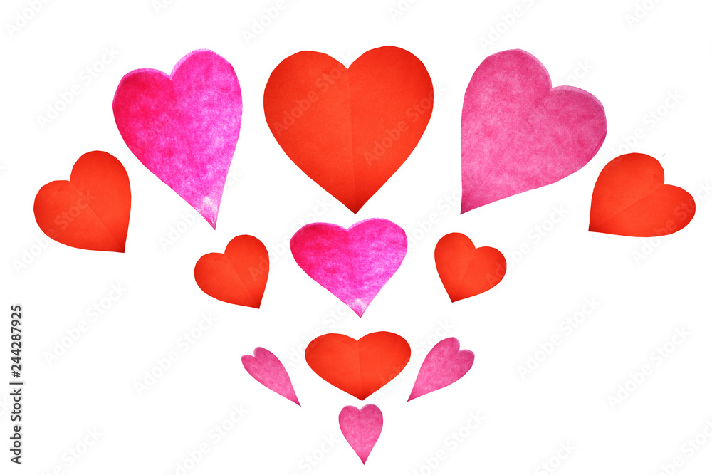 Group of red and pink color hearts confetti on white background, Heart shaped paper floating up in the air, Symbols and illustrations for festival of love with Valentine's Day and Health care concept