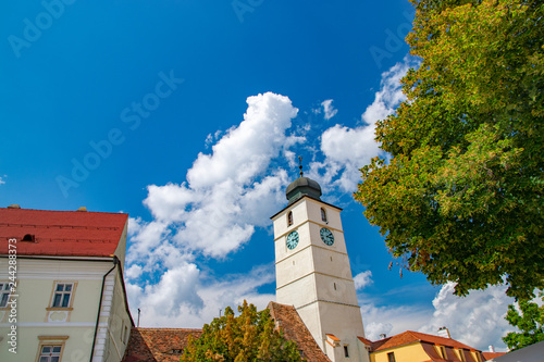 Sibiu's council tower on a sunny summer day with a blue sky in Sibiu, Romania