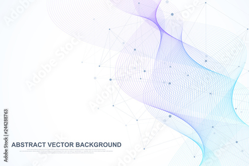 Abstract plexus background with connected lines and dots. Wave flow. Plexus geometric effect Big data with compounds. Lines plexus, minimal array. Digital data visualization. Vector illustration