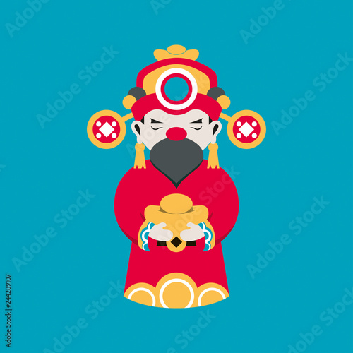 Flat line vector and illustration, Chainese god of wealth or fortune god of Chainese hold a gold cube in hand for good luck on blue background.