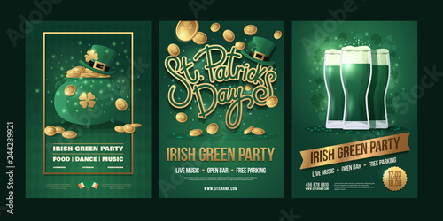 Large set of posters with symbols of Irish holiday on green background. Green pot and Leprechaun hat with gold coins, the inscription: "St. Patrick's Day", three beer glasses. Vector illustration.