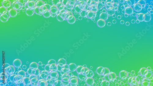 Foam party background with shampoo and soap suds bubbles.