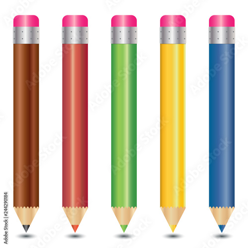 Set of colored pencils with eraser isolated on white.