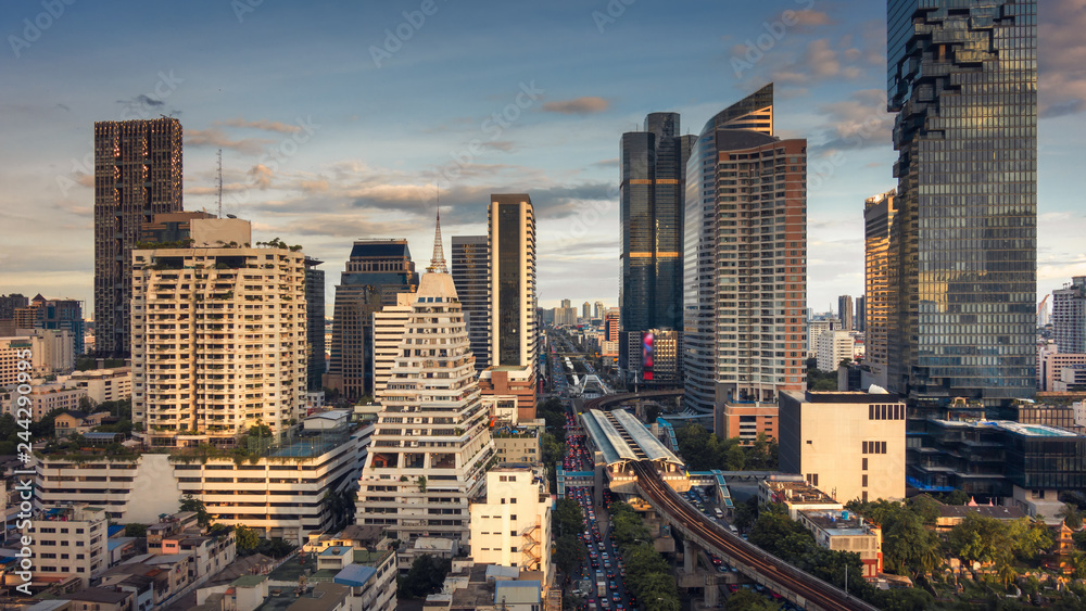 Cityscape of Bangkok city and skyscrapers buildings of Thailand., Panorama landscape of business and financial center of Thailand., Beautiful scene of urban town and travel destination of tourist.