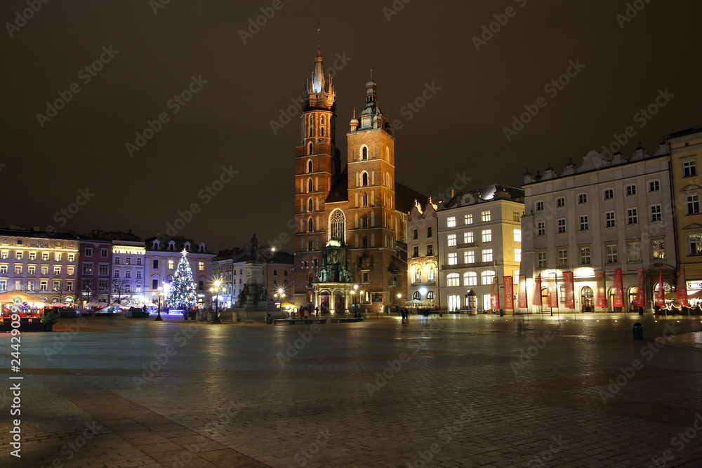 Krakow city center at night, cityscape, Main Market square, Saint Mary's cathedral, buildings
