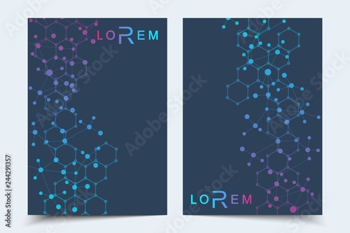 Scientific brochure design template. Vector flyer layout, Molecular structure with connected lines and dots. Scientific pattern atom DNA with elements for magazine, leaflet, cover, poster design.