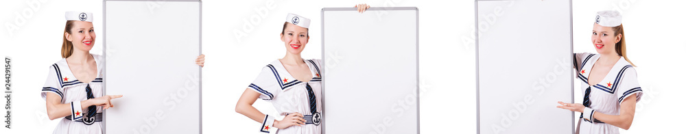 Woman sailor with blank board on white