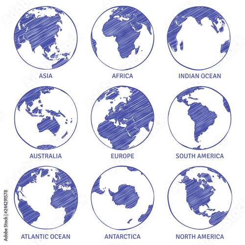 Globe sketch. Map world hand drawn globe, earth circle concept continents contour planet oceans land sketches