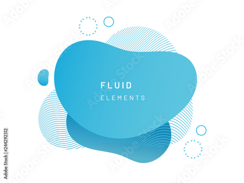 Blue fluid blob for card background. Azure liquid stain in dynamic color. Free geometrical shape for flyer. Cerulean aqua blotch with wavy lines. Abstract gradient banner template