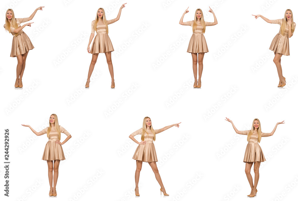 Beautiful woman in golden dress isolated on white Beautiful woman in golden dress isolated on white