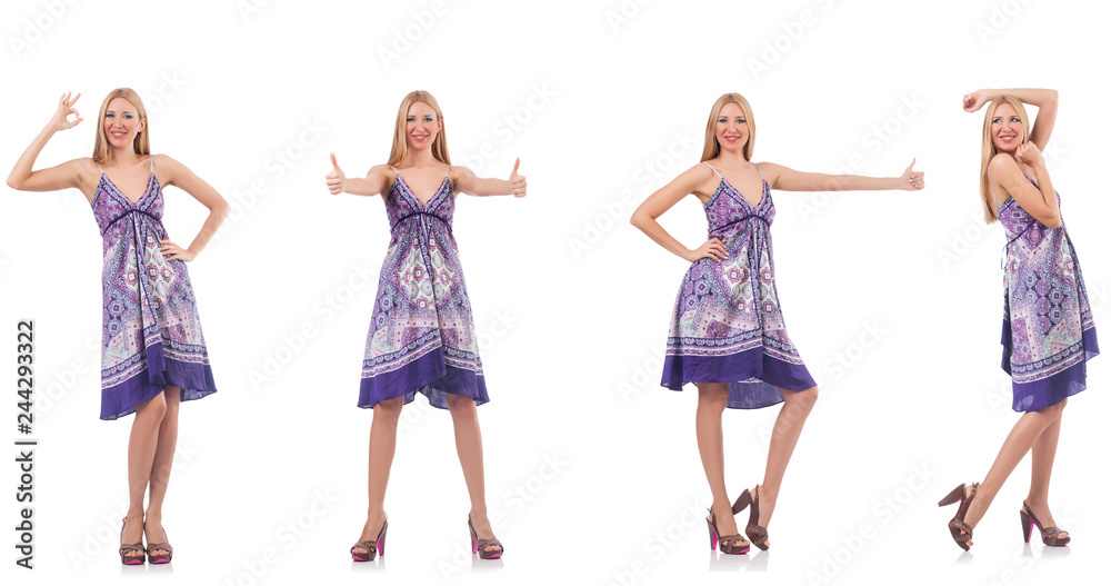 Beautiful woman in purple dress isolated on white