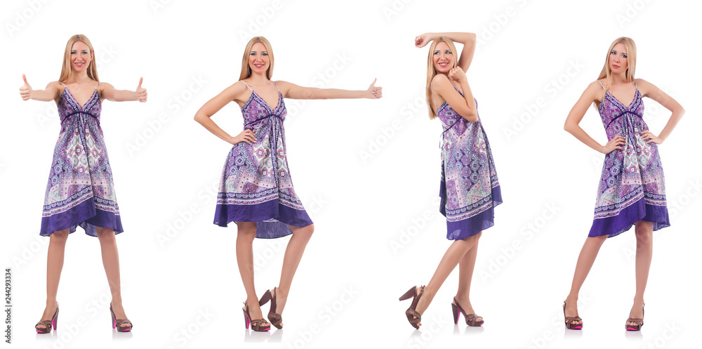 Beautiful woman in purple dress isolated on white Beautiful woman in purple dress isolated on white