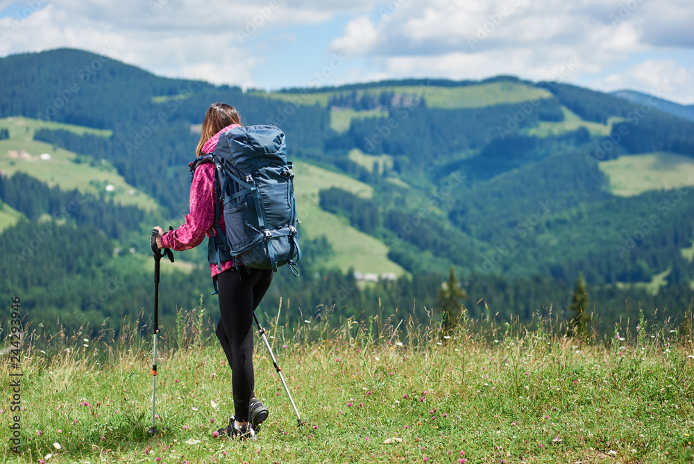 Slim active girl traveller with blue backpack and trekking sticks, wearing sports wear, resting after climbing in the mountains, enjoying valley view on sunny day. Concept of active lifestyle