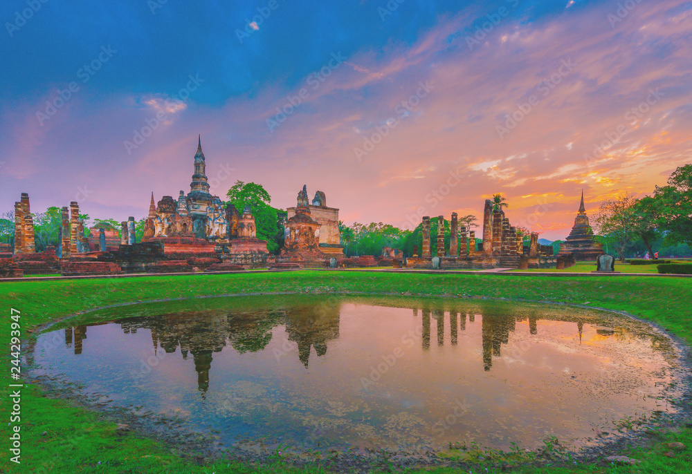 Sukhothai historical park, the old town of Thailand, At twilight.