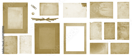 Set of old vintage photo postcards and album cover on white background