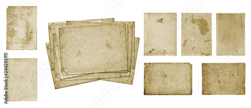 Set of old vintage dirty photo postcards on isolated background