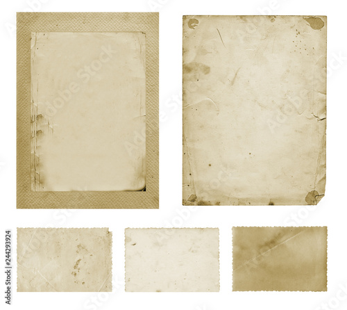 Set of old vintage dirty photo postcards on isolated background