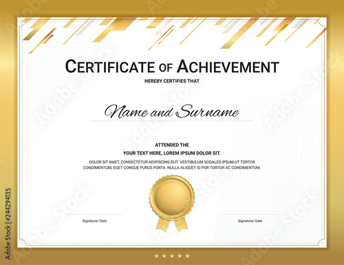 Gold certificate template in sport theme with watermark background, Diploma design