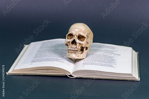 Human skull on book, grey background