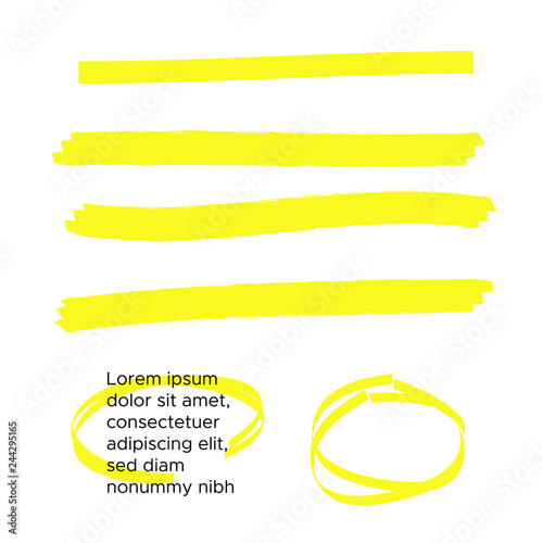 Vector yellow highlighter brush lines. Brush pen underline. Yellow watercolor hand drawn highlight