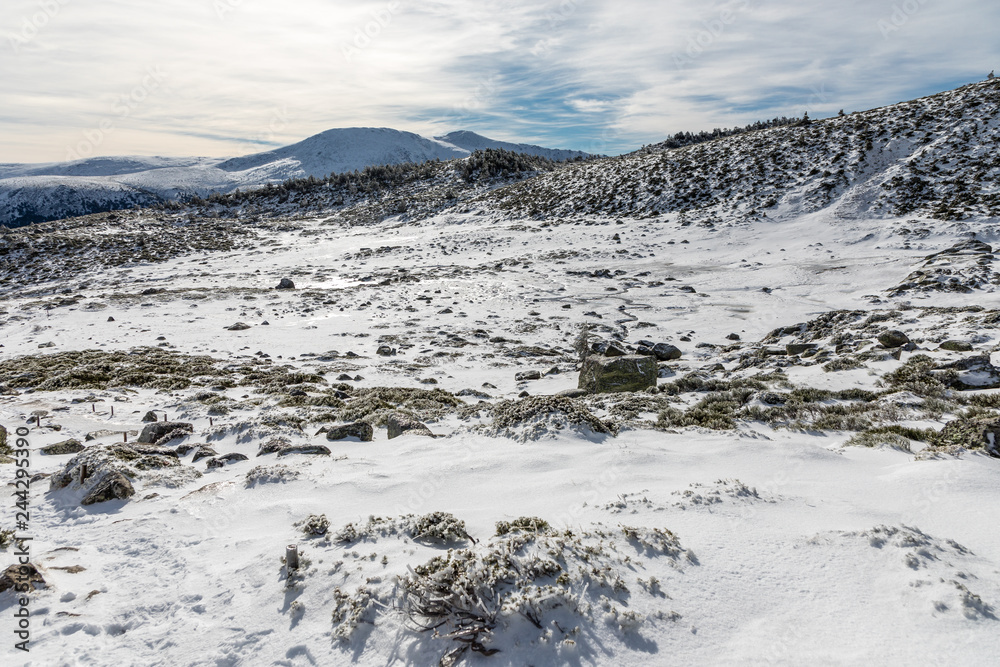 Way of ascent to the lagoons of Peñalara in the mountain range of Madrid covered by snow.