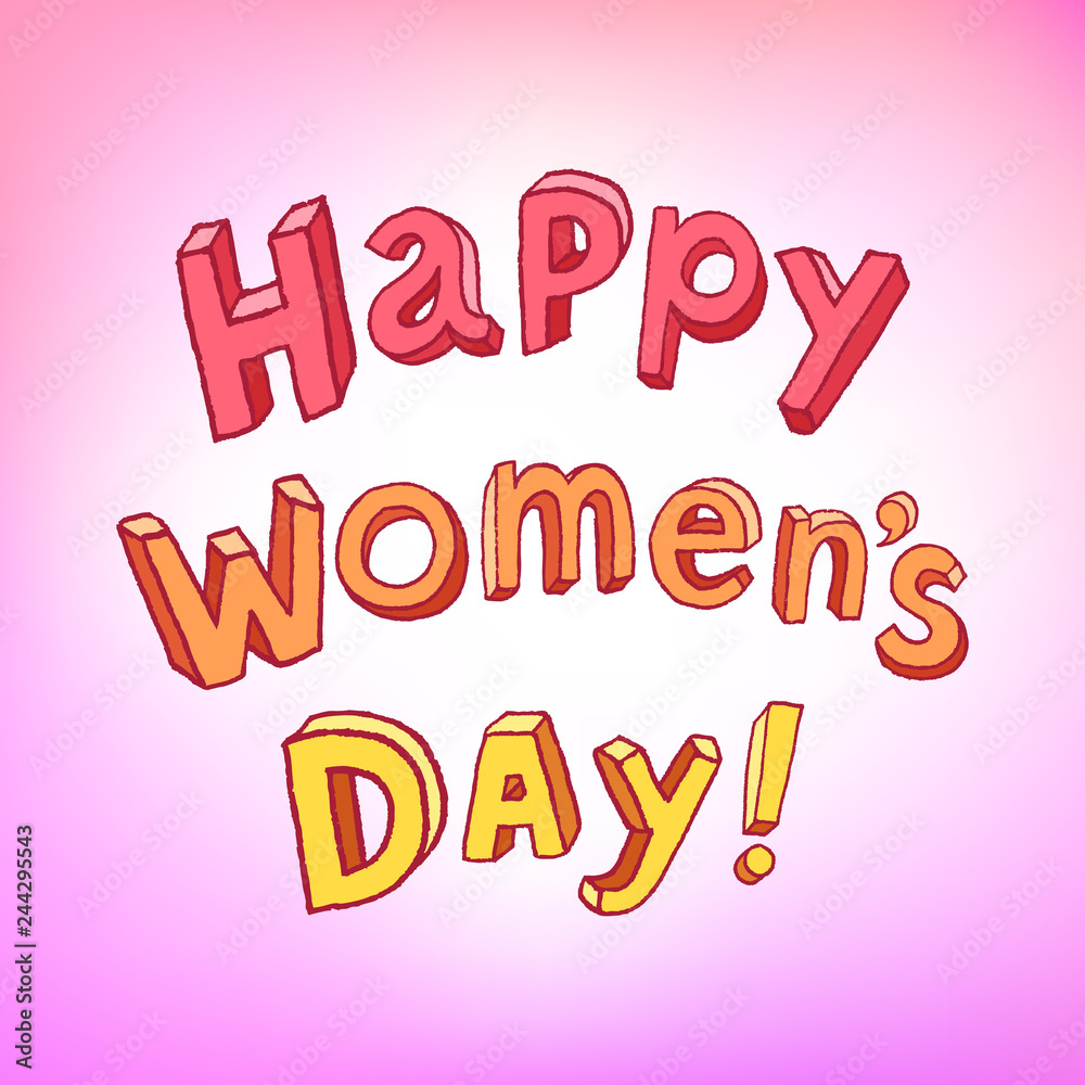 Woman Day text design. Joyful Children letters. Vector illustration of Woman Day greeting design in pink colors