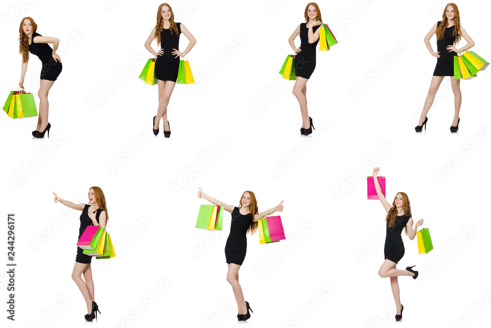 Fototapeta premium Young woman wth bags in shopaholic concept 