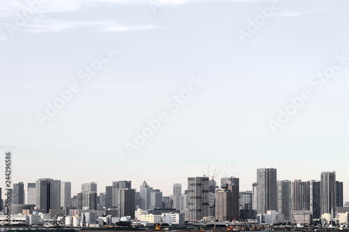 A scenery of a high-rise apartment that stands on the waterfront in Tokyo