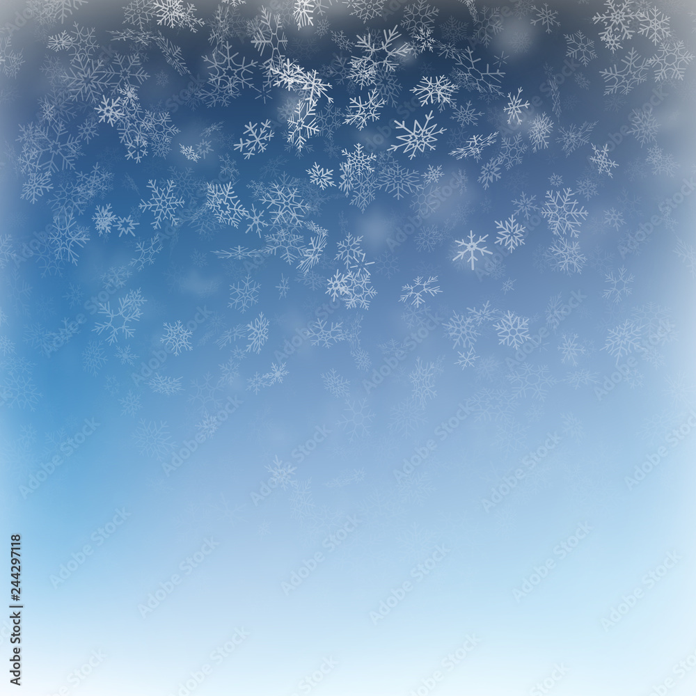 Falling snow on a blue background. Abstract white snowflake and sparkles background. EPS 10