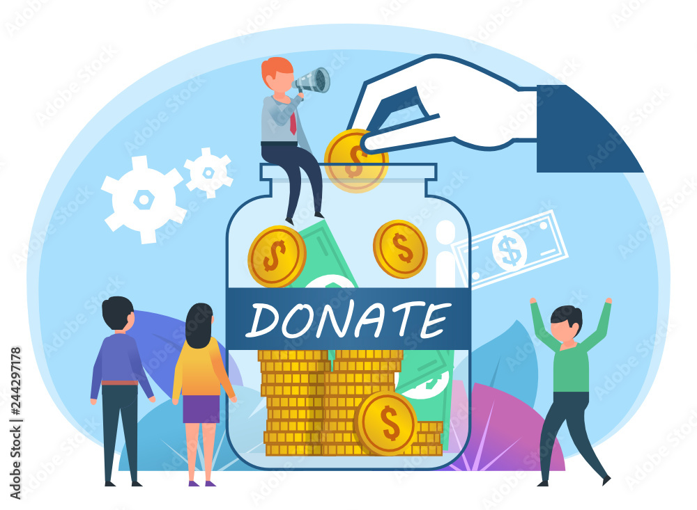 Donate, charity, save money. Small people stand near big bottle with cash, money, coins. Poster for web design, banner, social media, presentation. Flat design vector illustration