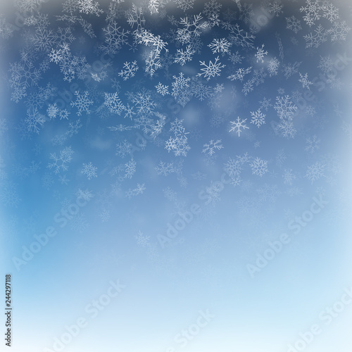 Falling snow on a blue background. Abstract white snowflake and sparkles background. EPS 10