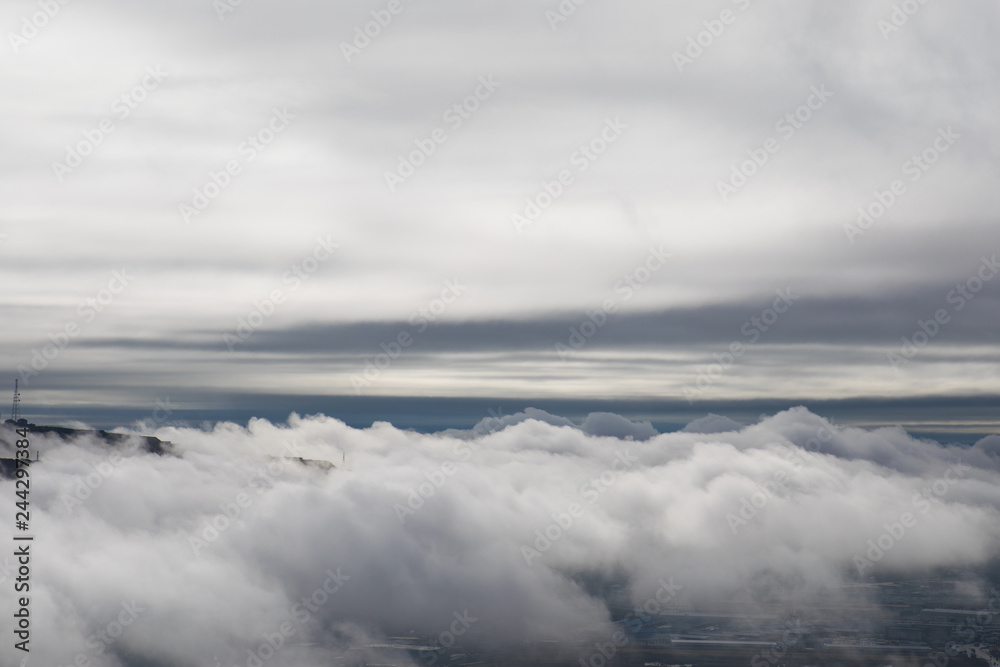 Morning fog in the mountain in Baku. Azerbaijan. Near Xojasan Lake.