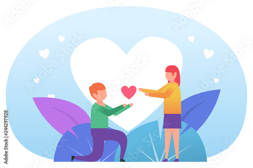 Man stands on knee and makes love confession. St Valentine's greeting card. Poster for web page, banner, social media, presentation. Flat design vector illustration