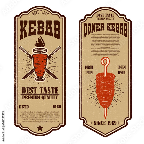 Set of vintage doner kebab flyer templates. Design element for logo, label, emblem, sign, badge.