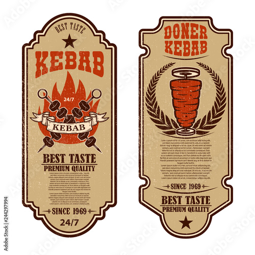 Set of vintage doner kebab flyer templates. Design element for logo, label, emblem, sign, badge.