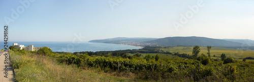 The Bulgarian resorts in the summer. European recreation area. View of the resort town Obzor from the town of Byala. Evening sunset over the Black Sea coast.