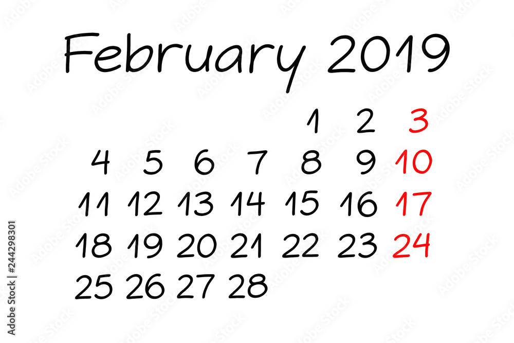 February Year 2019 Monthly Calendar Handwritten February Year 2019 Monthly Calendar Handwritten