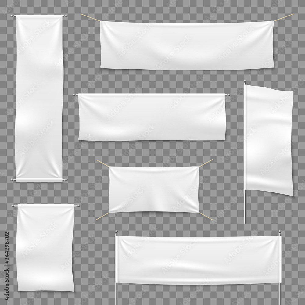 Textile advertising banners. Flags and hanging banner, blank fabric white  horizontal cloth sign, textile ribbons vector Векторный объект Stock |  Adobe Stock